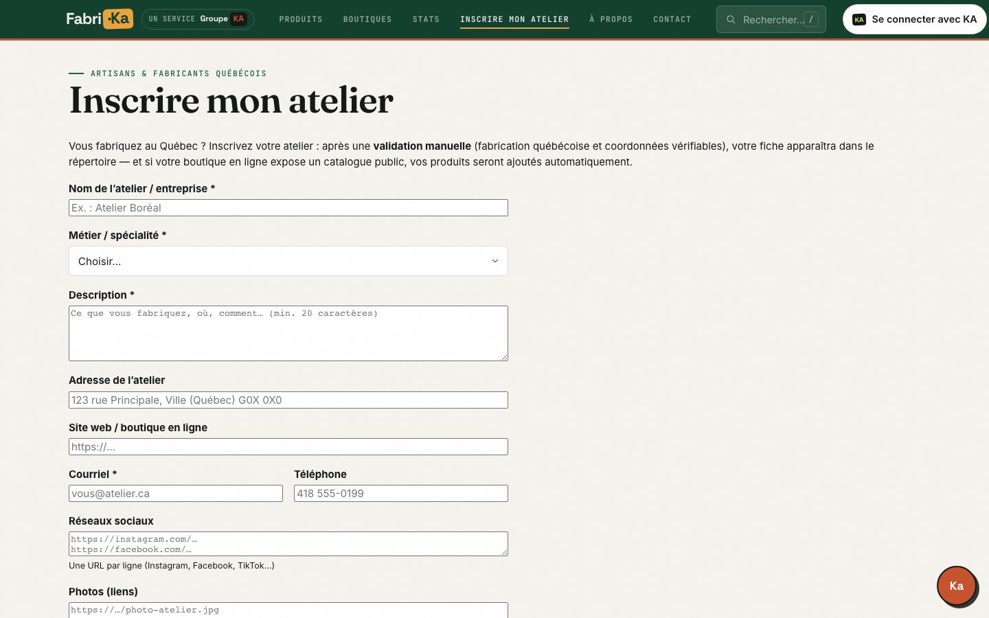Formulaire Inscrire mon atelier