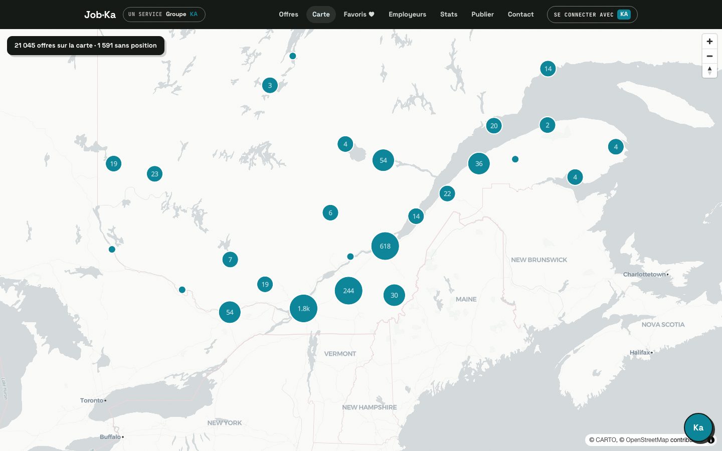 Carte MapLibre des offres géocodées au Québec