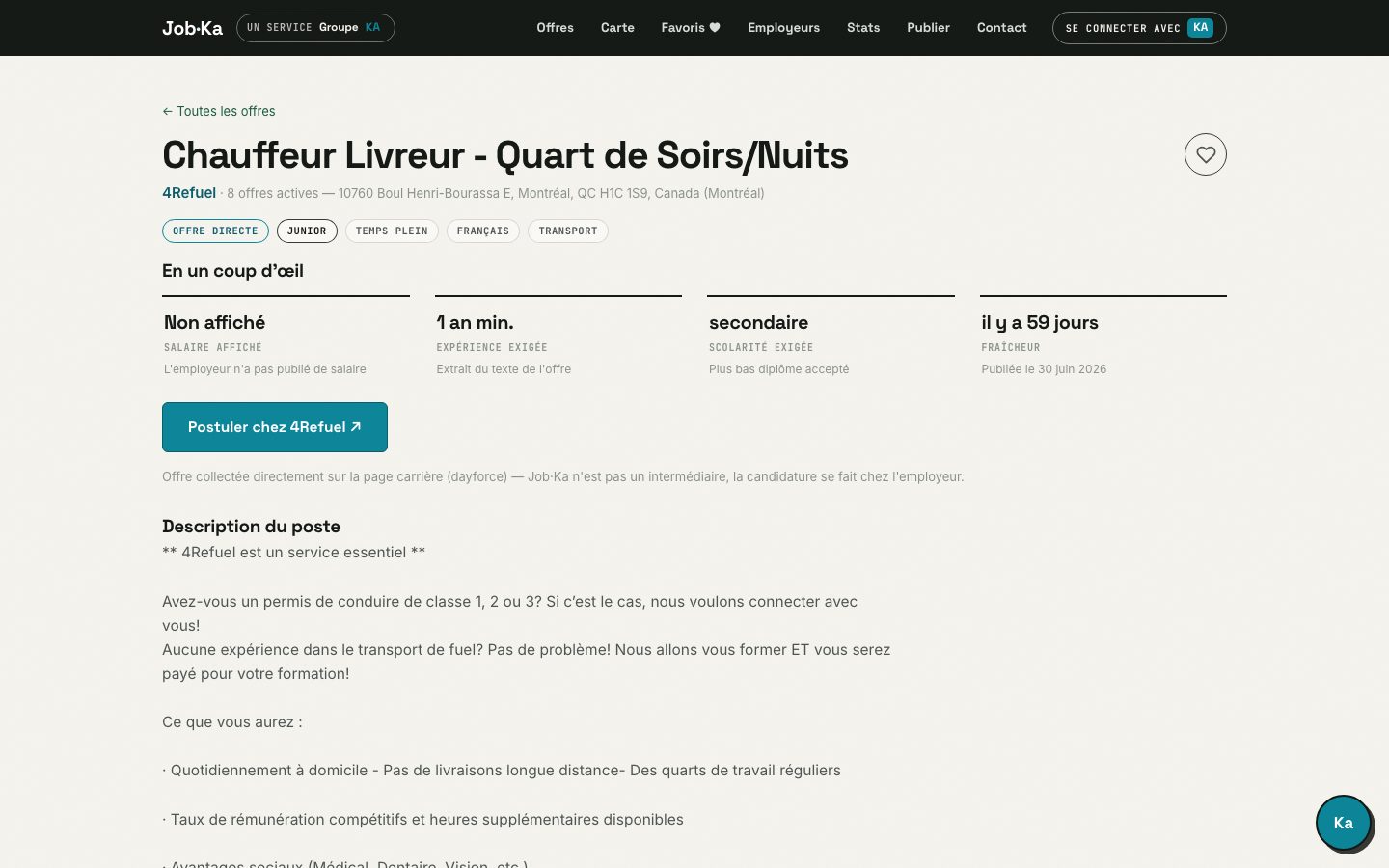 Fiche d'offre Job·Ka — candidature directe chez l'employeur
