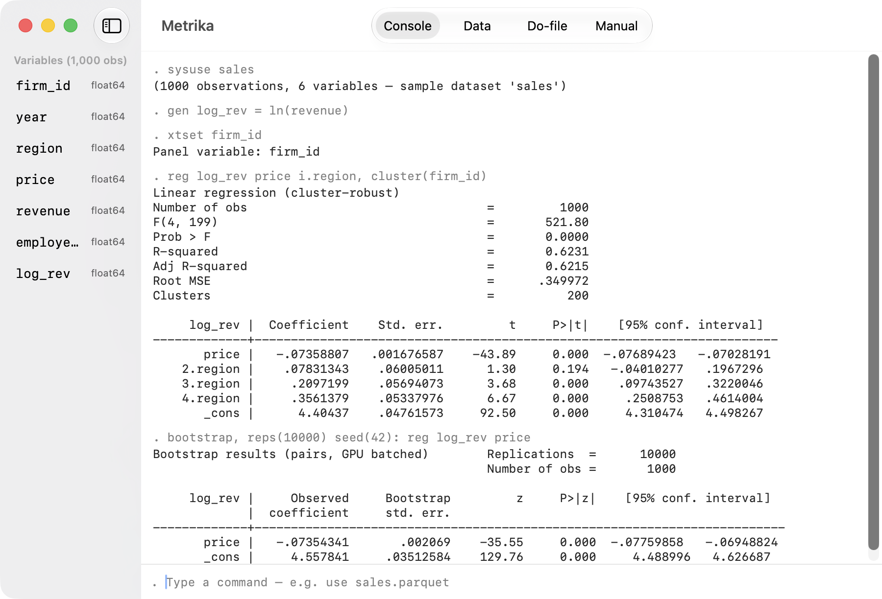 Cluster-robust regression with factor variables and a 10,000-replicate GPU bootstrap