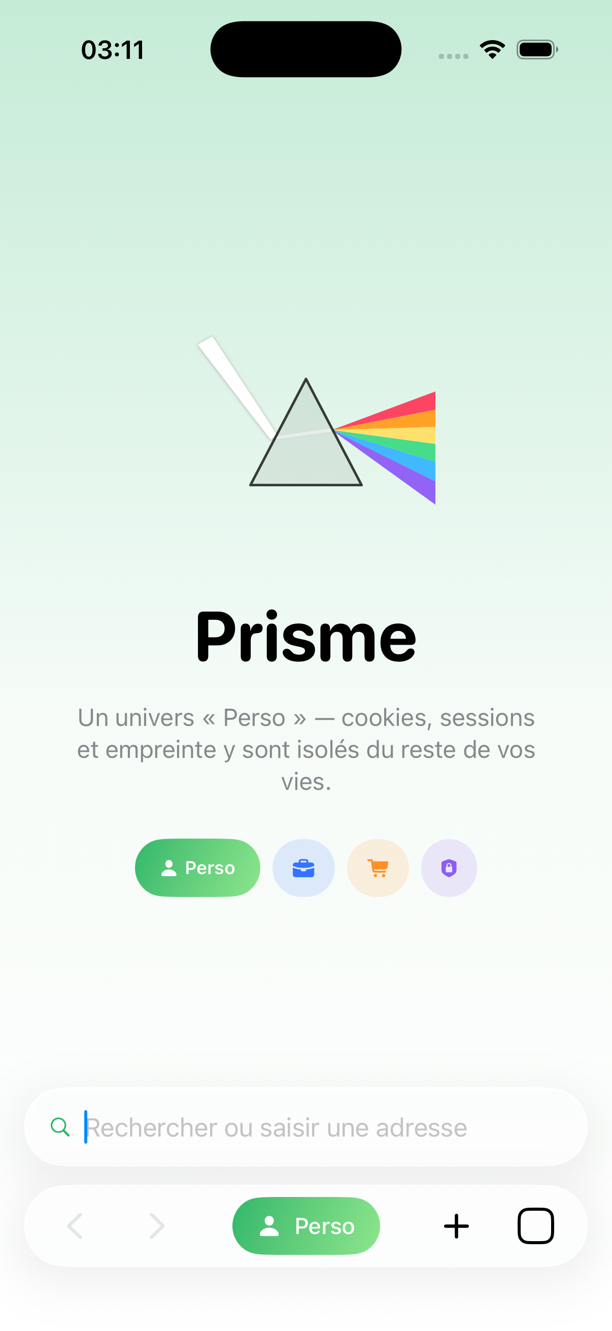 Page d'accueil avec logo prisme et univers