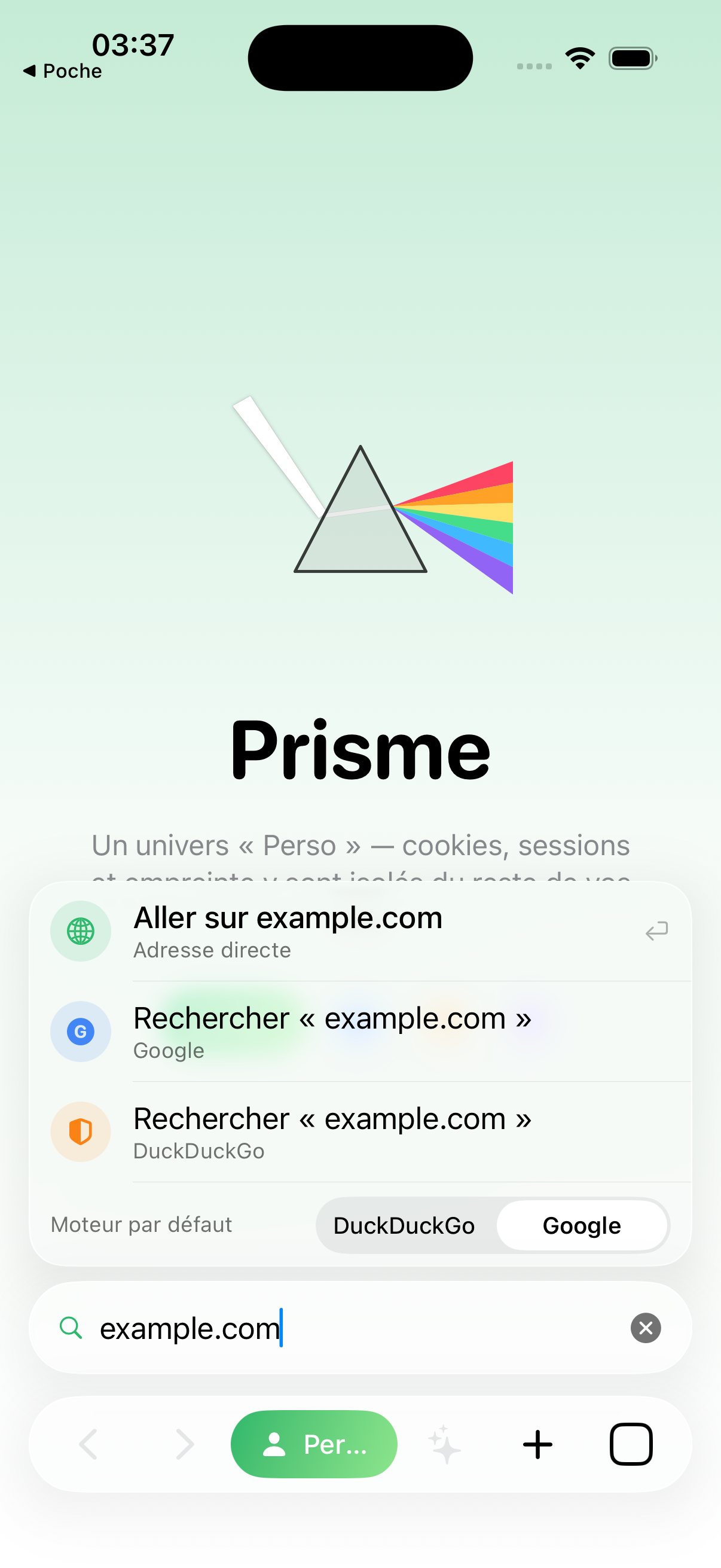 Propositions : adresse directe, Google, DuckDuckGo