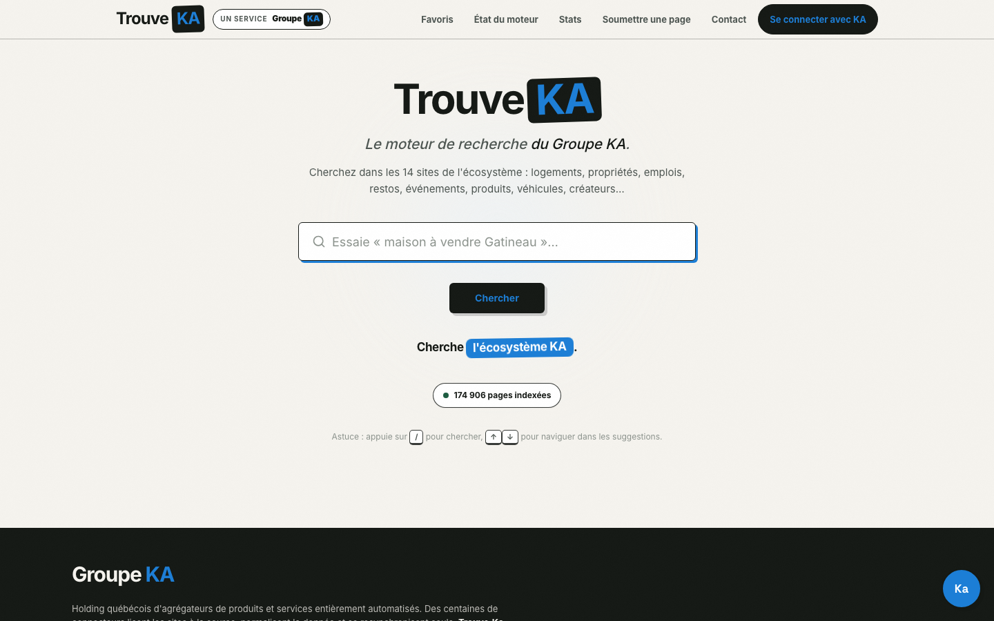 Étape 1 — page d'accueil de Trouve·Ka avec la barre de recherche