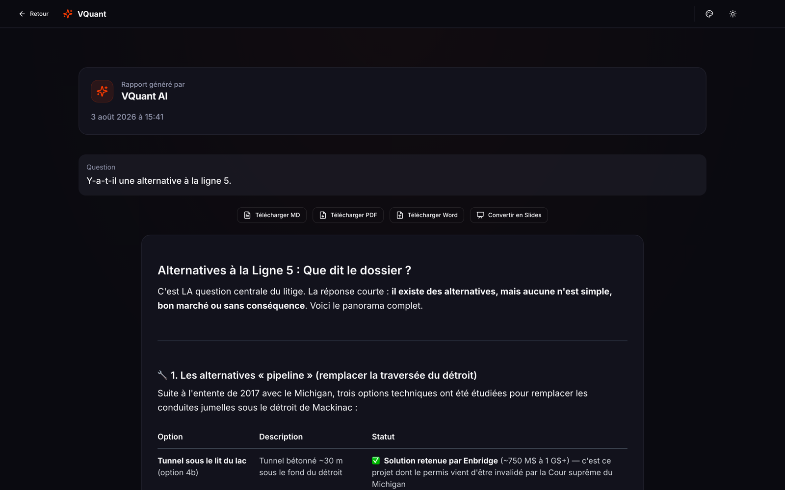 AI-generated analysis report with one-click export