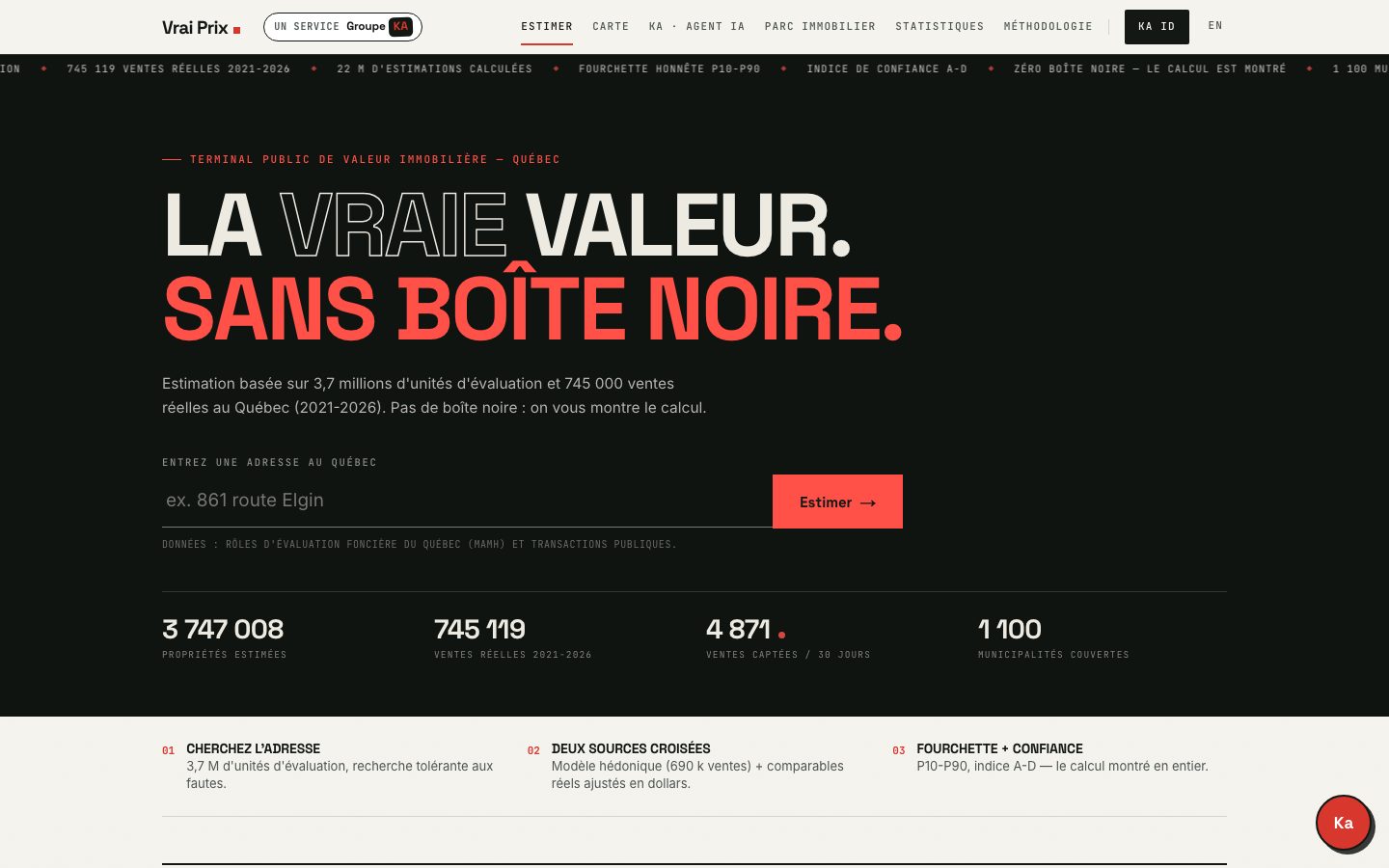 Accueil de Vrai-Prix — hero encre, recherche d'adresse centrale, graphique marché multi-séries