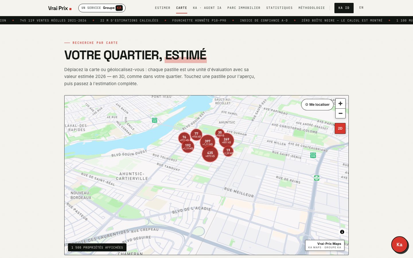 Vrai-Prix Maps — carte 3D Mapbox GL avec grappes de valeurs estimées