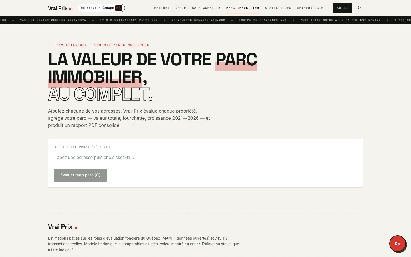 Évaluation de parc immobilier — jusqu'à 40 propriétés agrégées