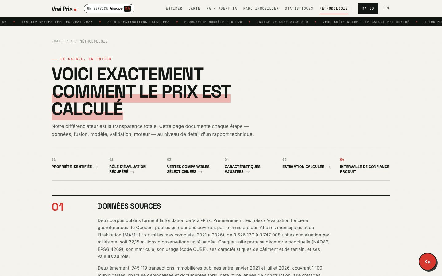 Méthodologie complète publiée — modèle hédonique, comparables, normes IAAO