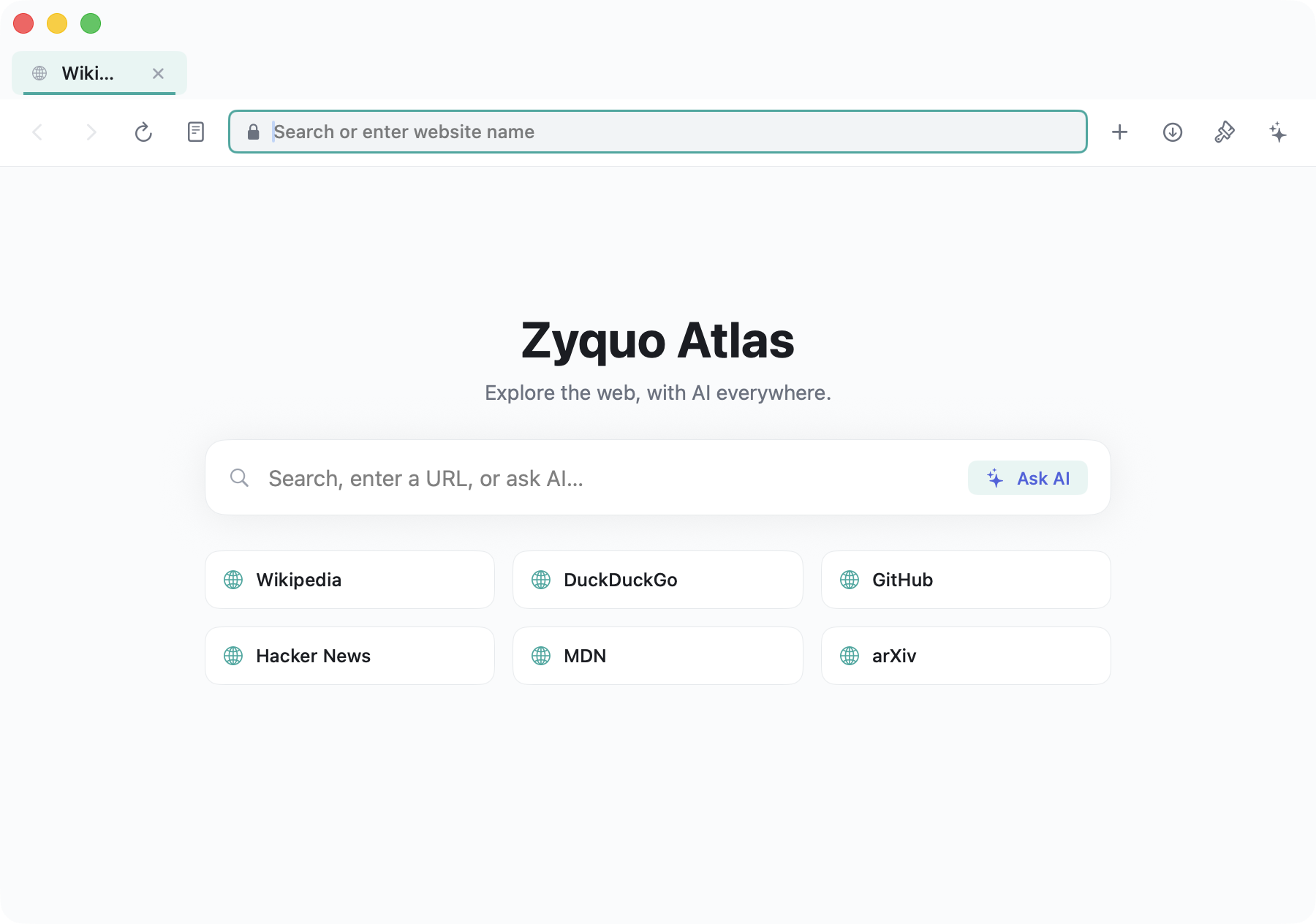 Zyquo Atlas start page (light theme)