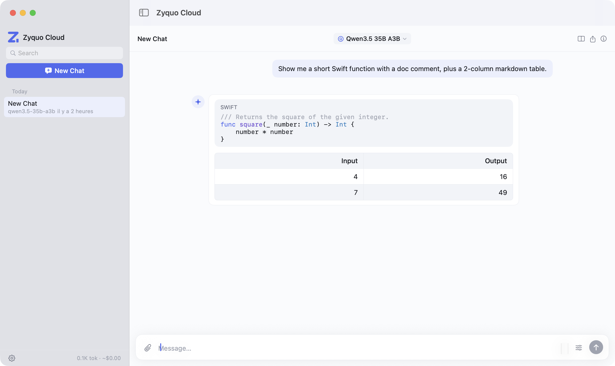Zyquo Cloud — chat with syntax-highlighted code and markdown tables