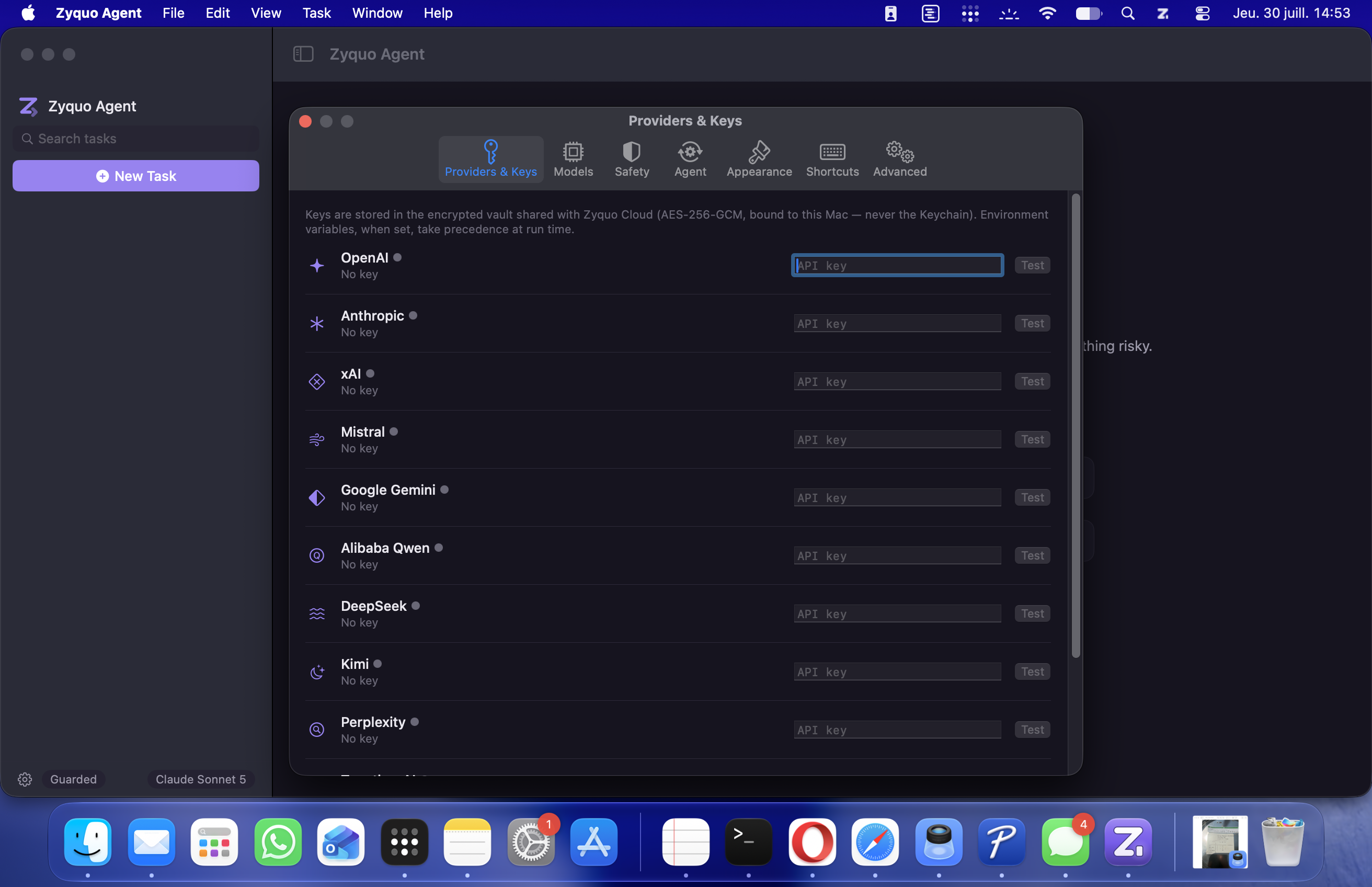Chat in dark mode with thought process disclosure and generation statistics