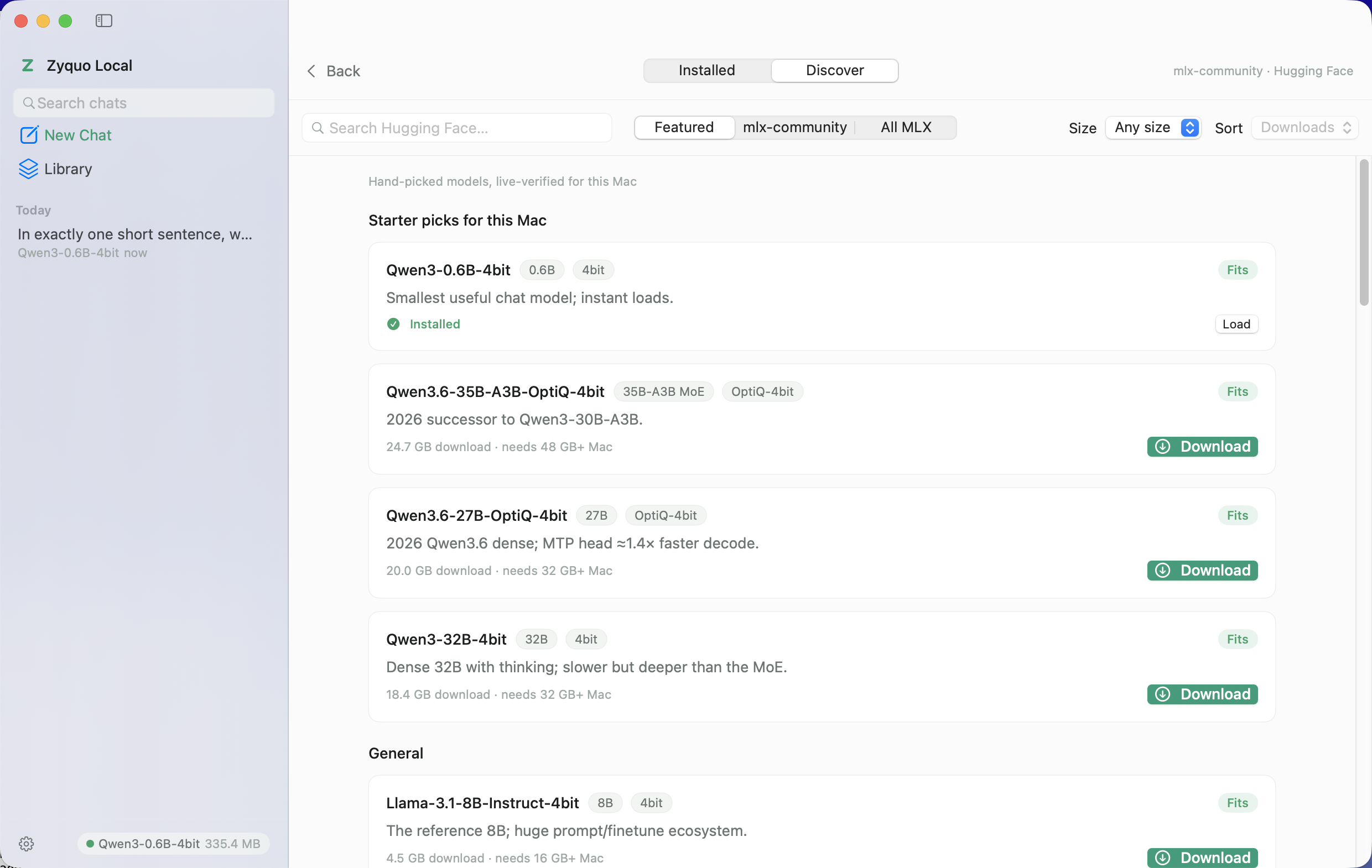 Discover tab with featured models, sizes and memory verdicts
