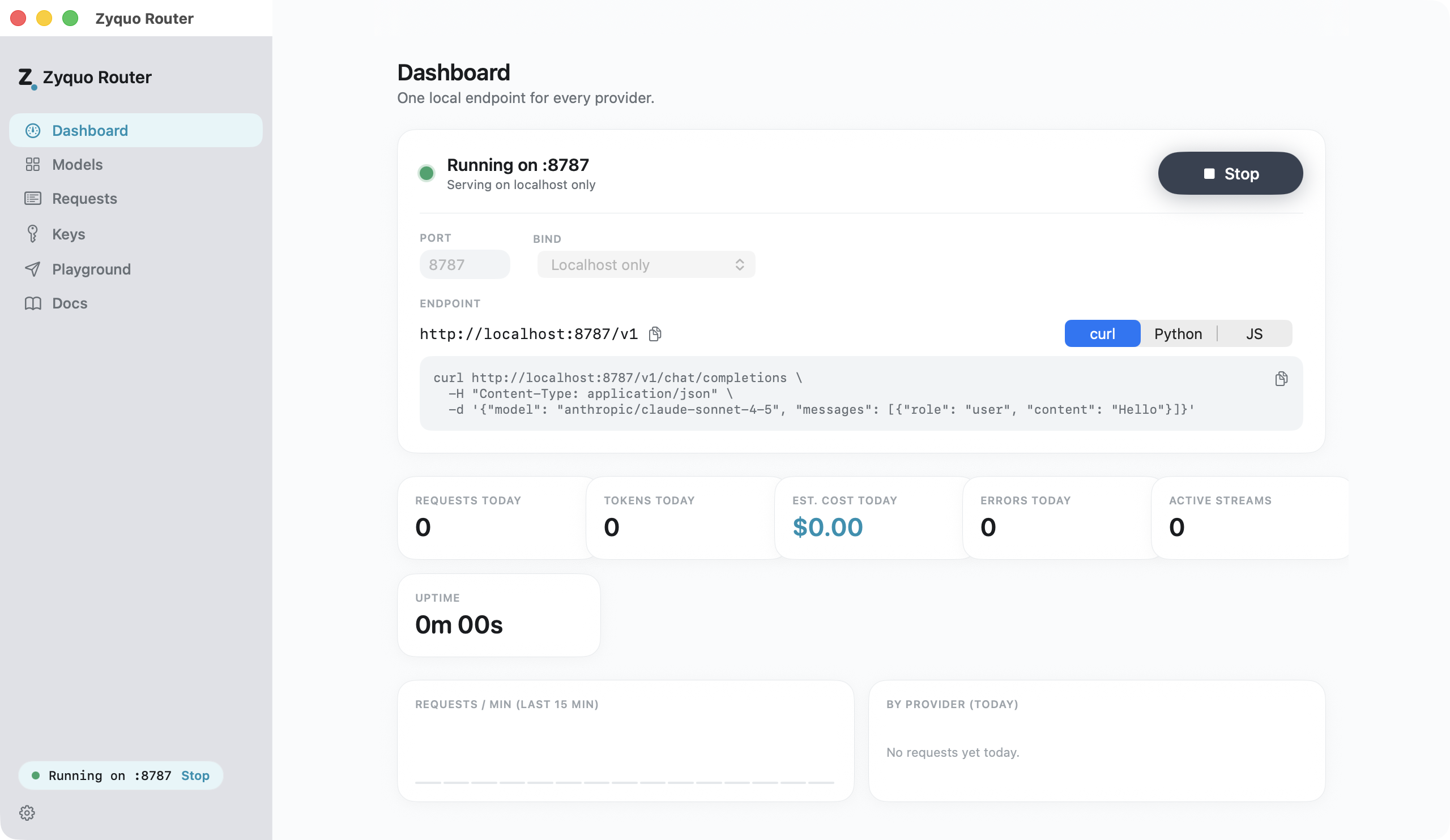 Dashboard: server card with endpoint and copy-as snippets, live tiles, sparkline