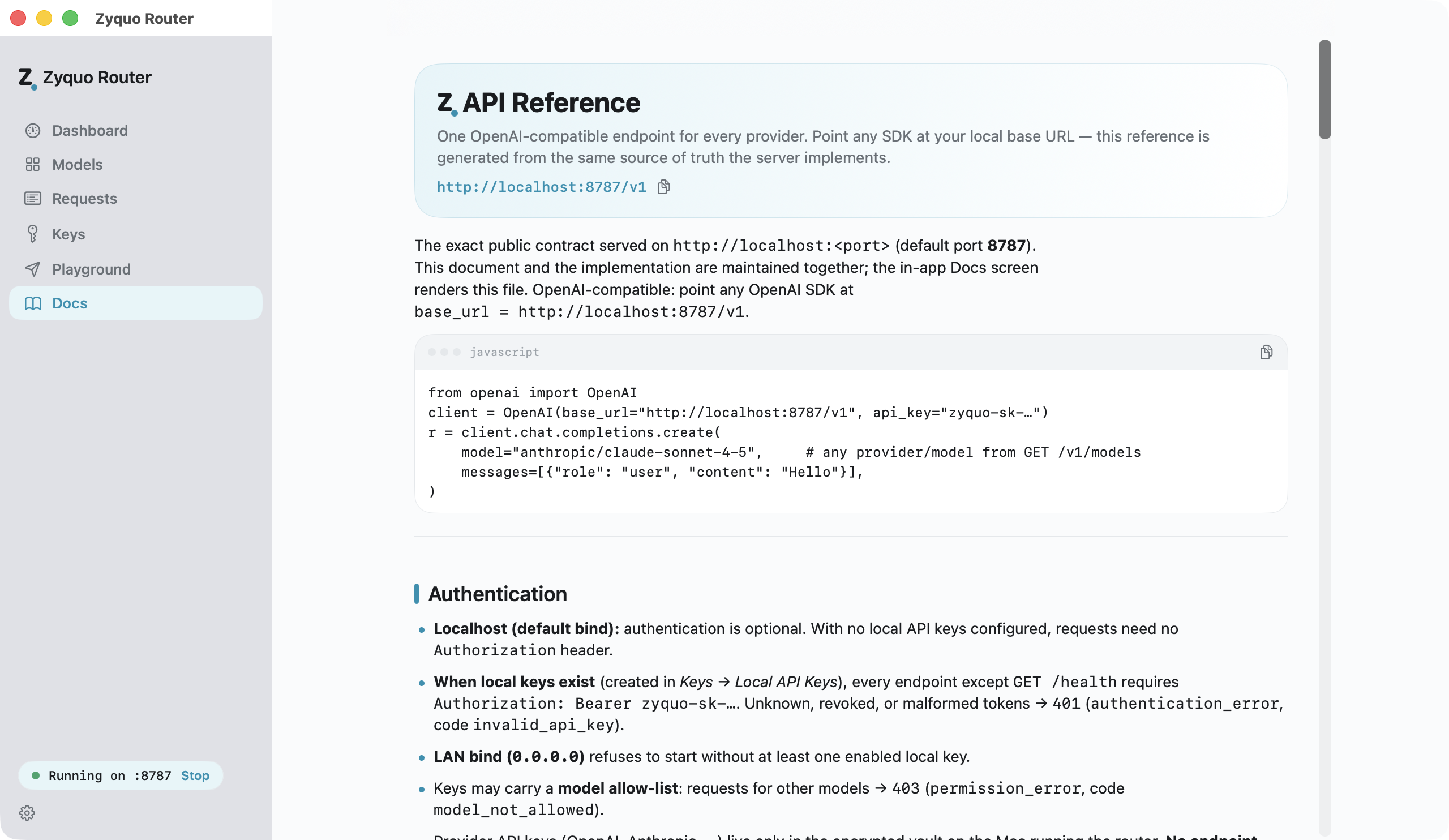 Docs: hero card, code blocks with copy, styled sections